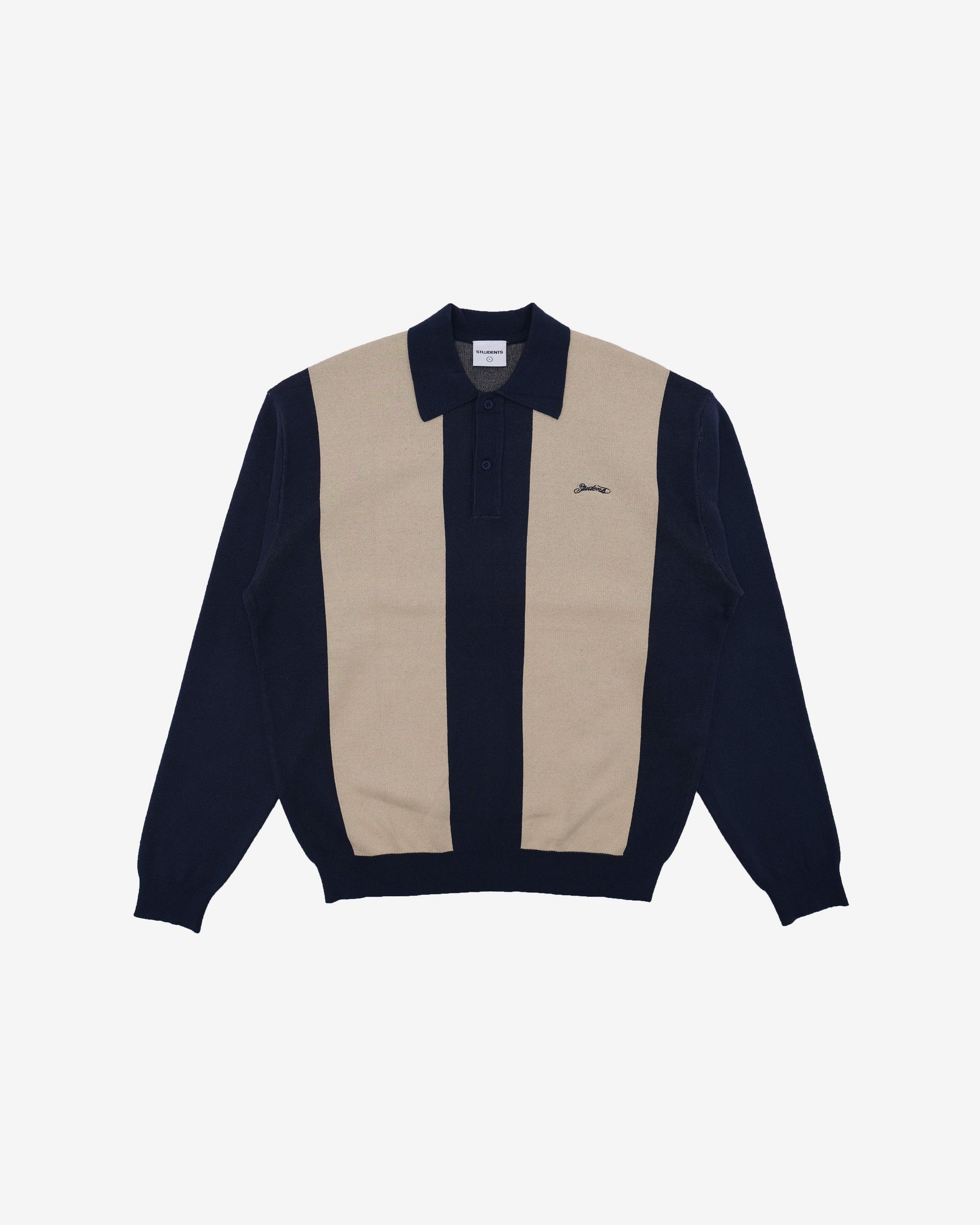 Navy and beige sweater with a brand logo on a white background