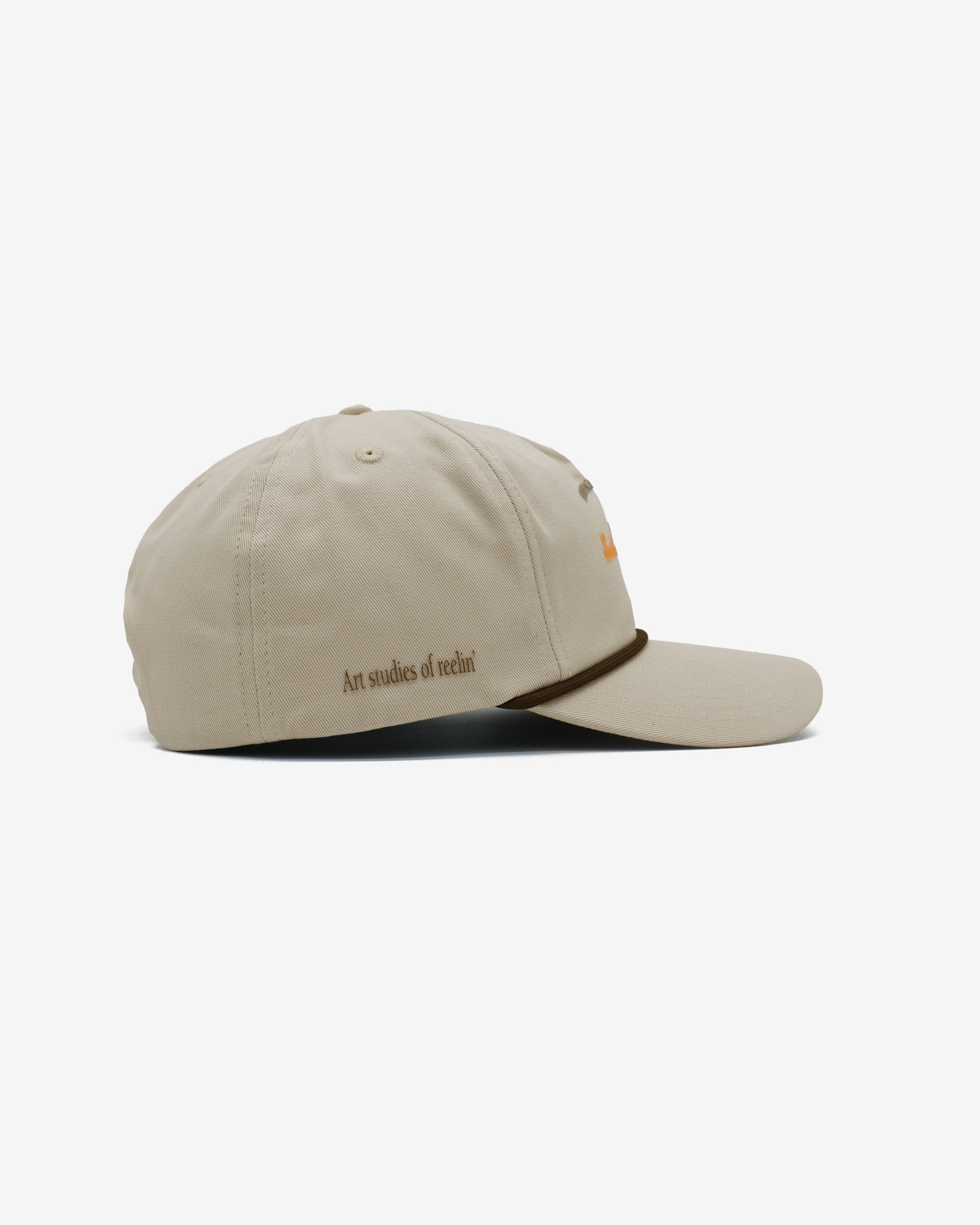 Beige cap with text on a white background