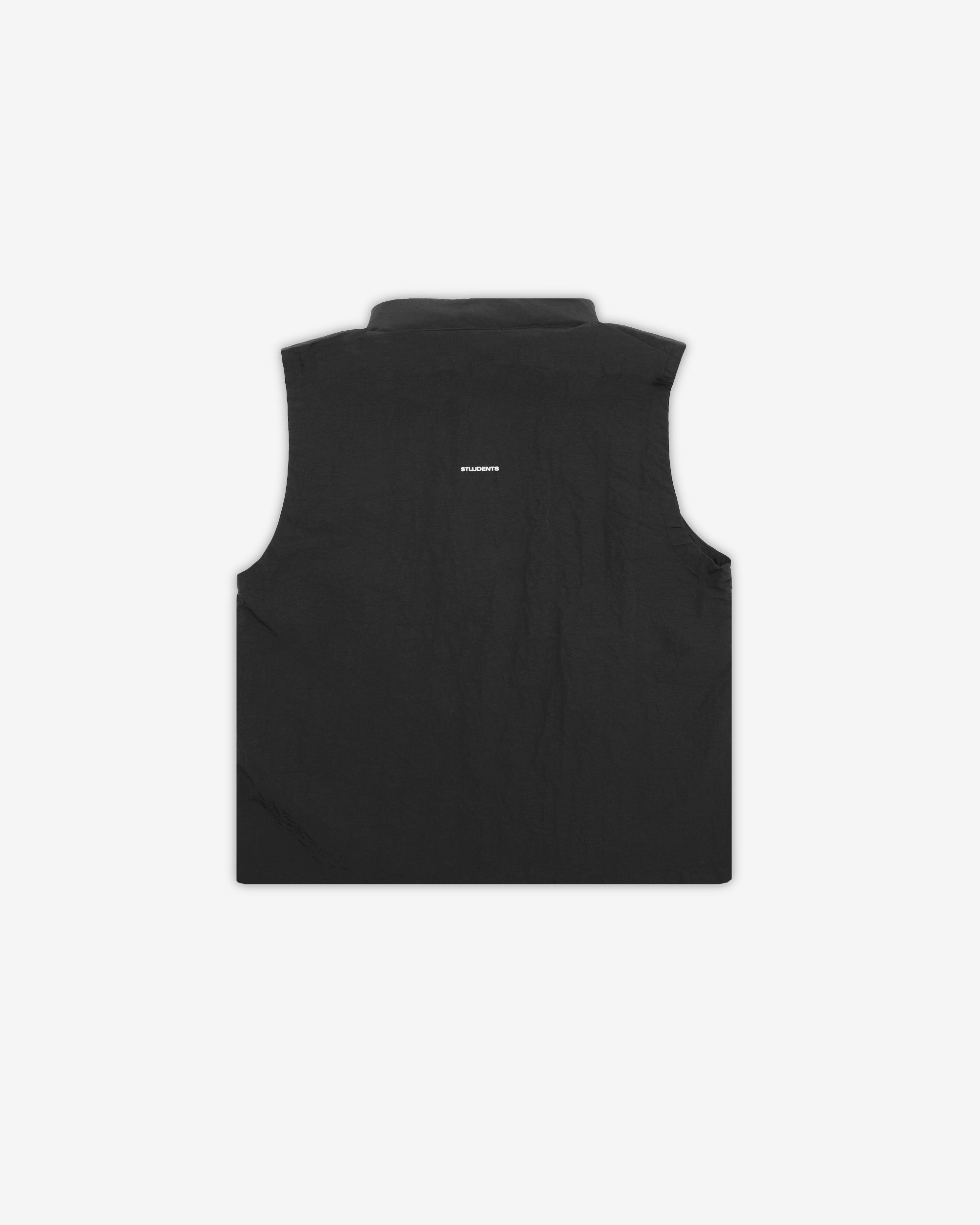Black vest with a brand logo on a white background