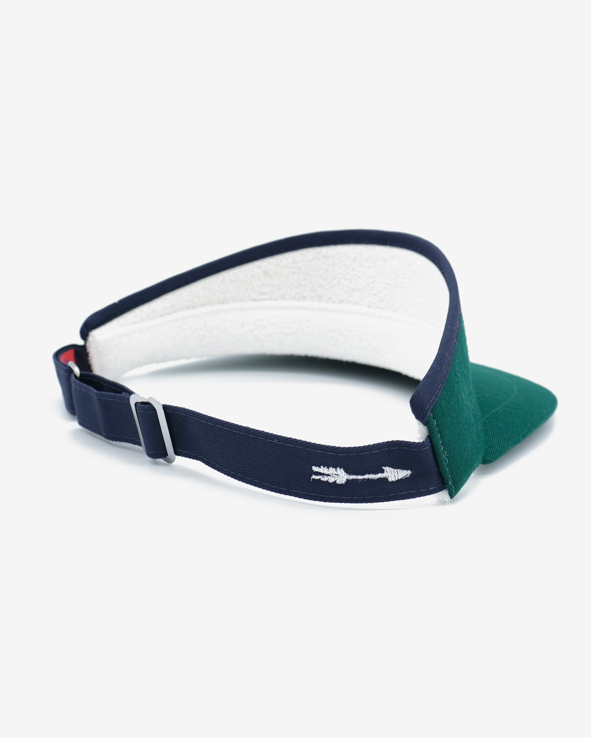 Navy and green visor with a white logo on a white background