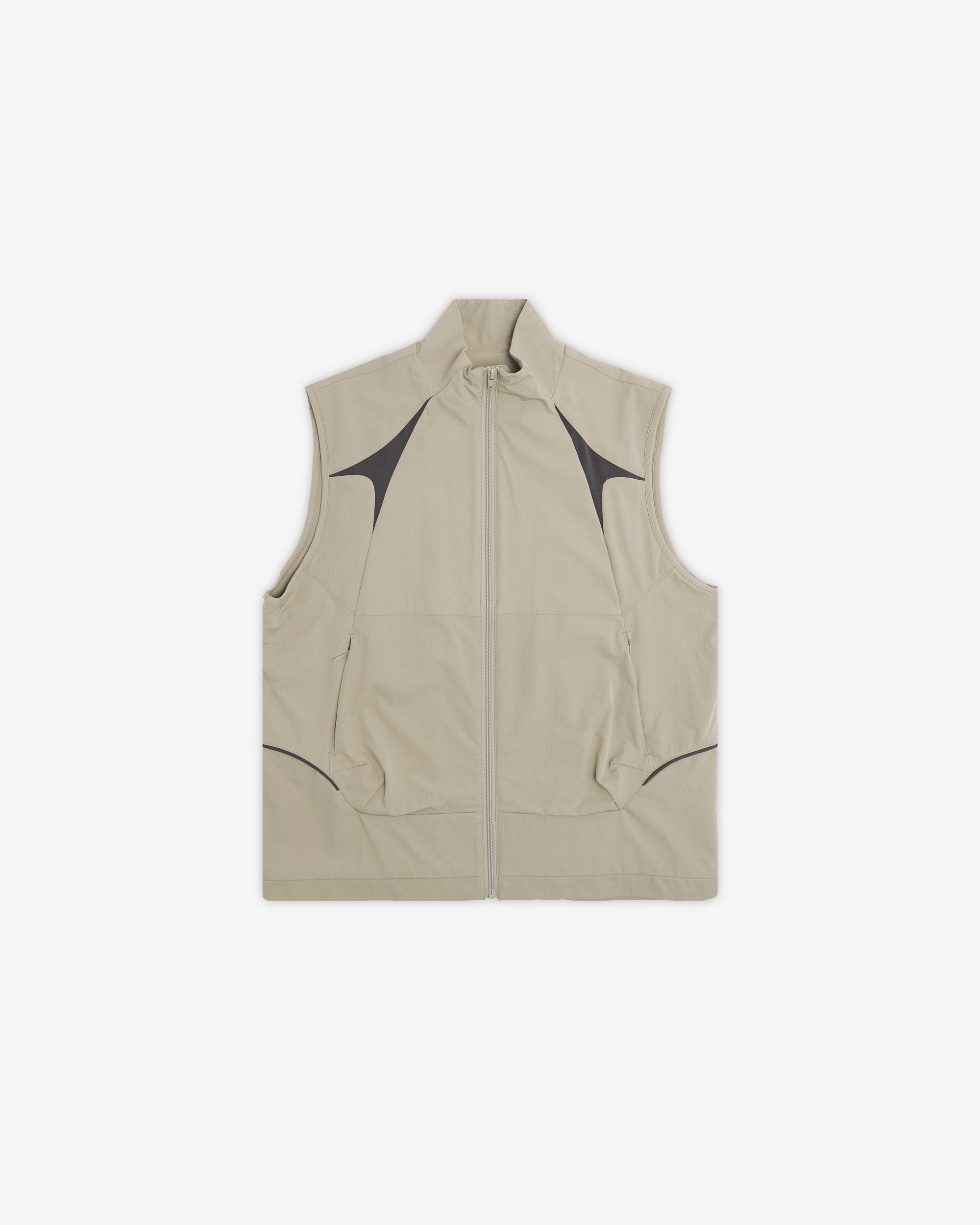 Beige sleeveless jacket with black accents on a white background