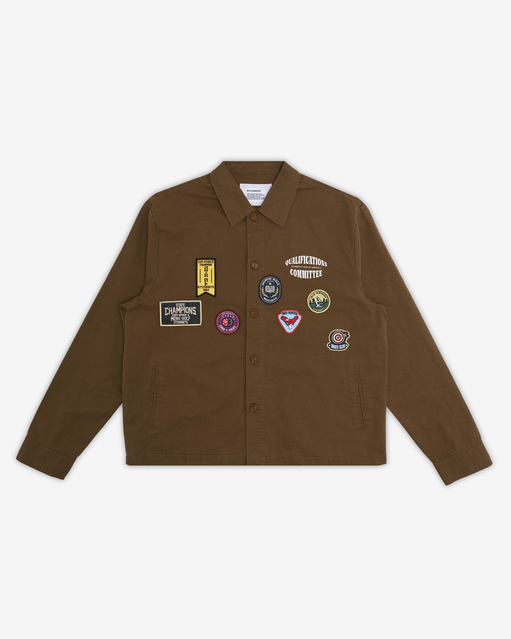 Brown jacket with various patches on a white background
