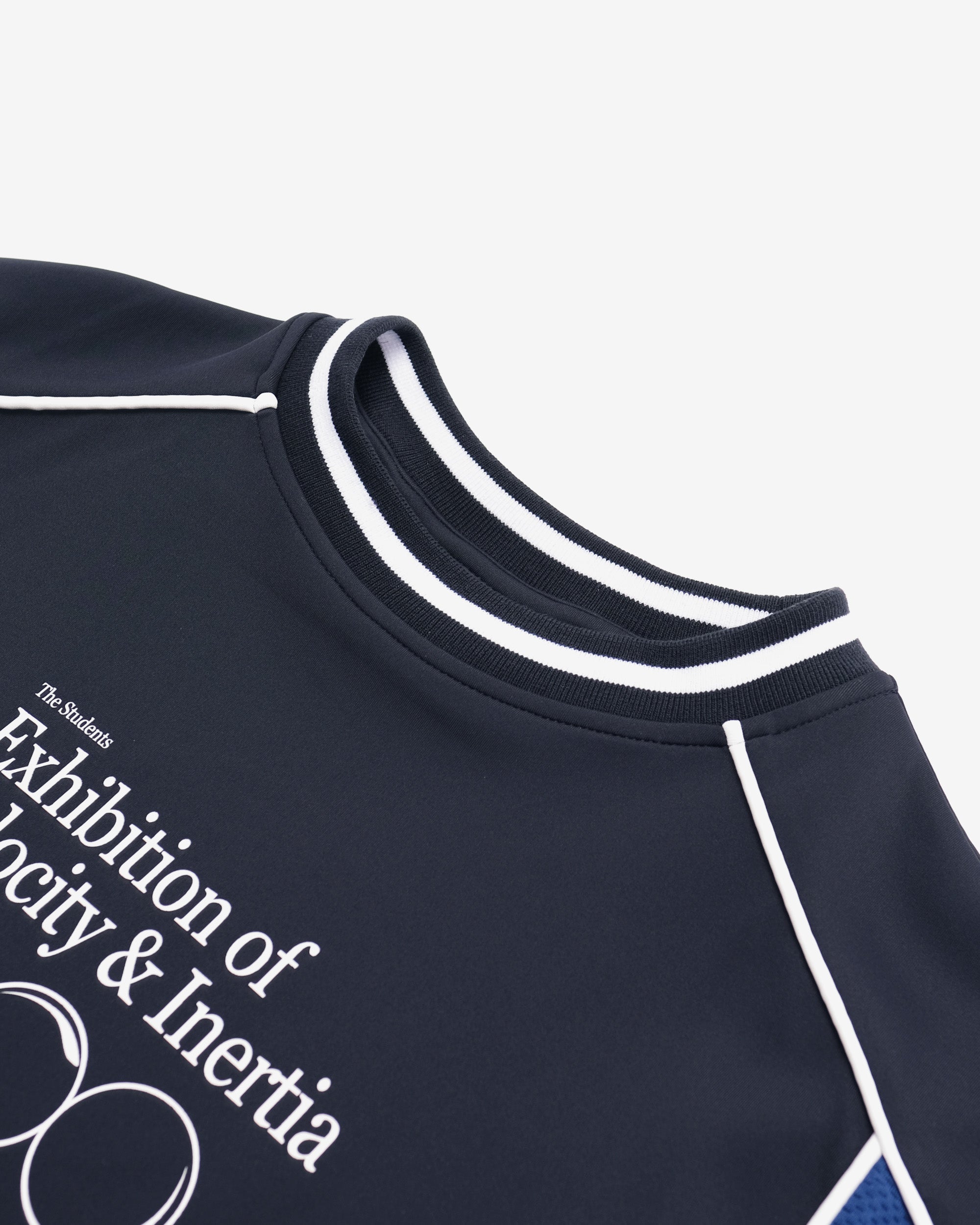 Navy blue sweatshirt with white text and design on a white background