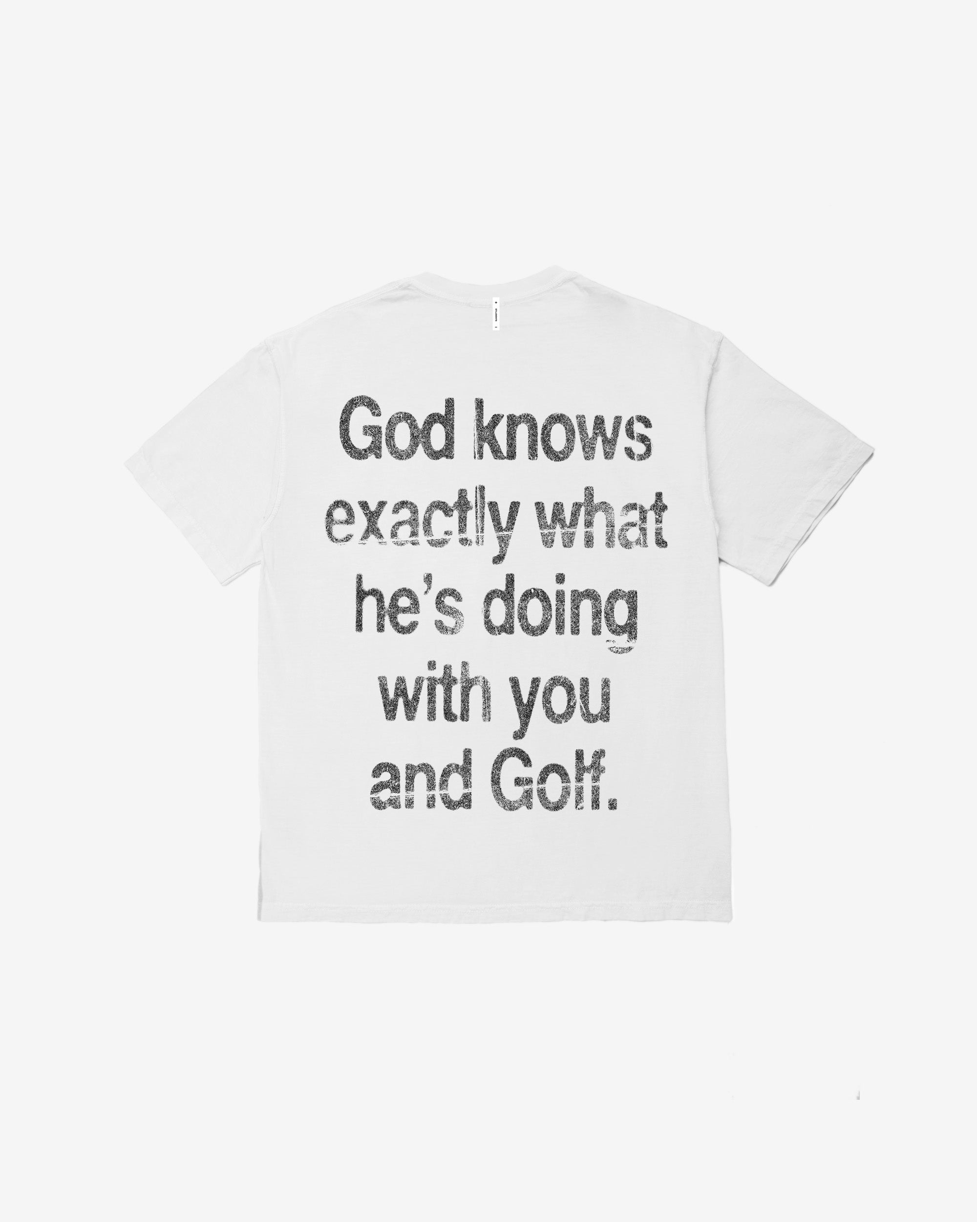 White t-shirt with black text on a white background