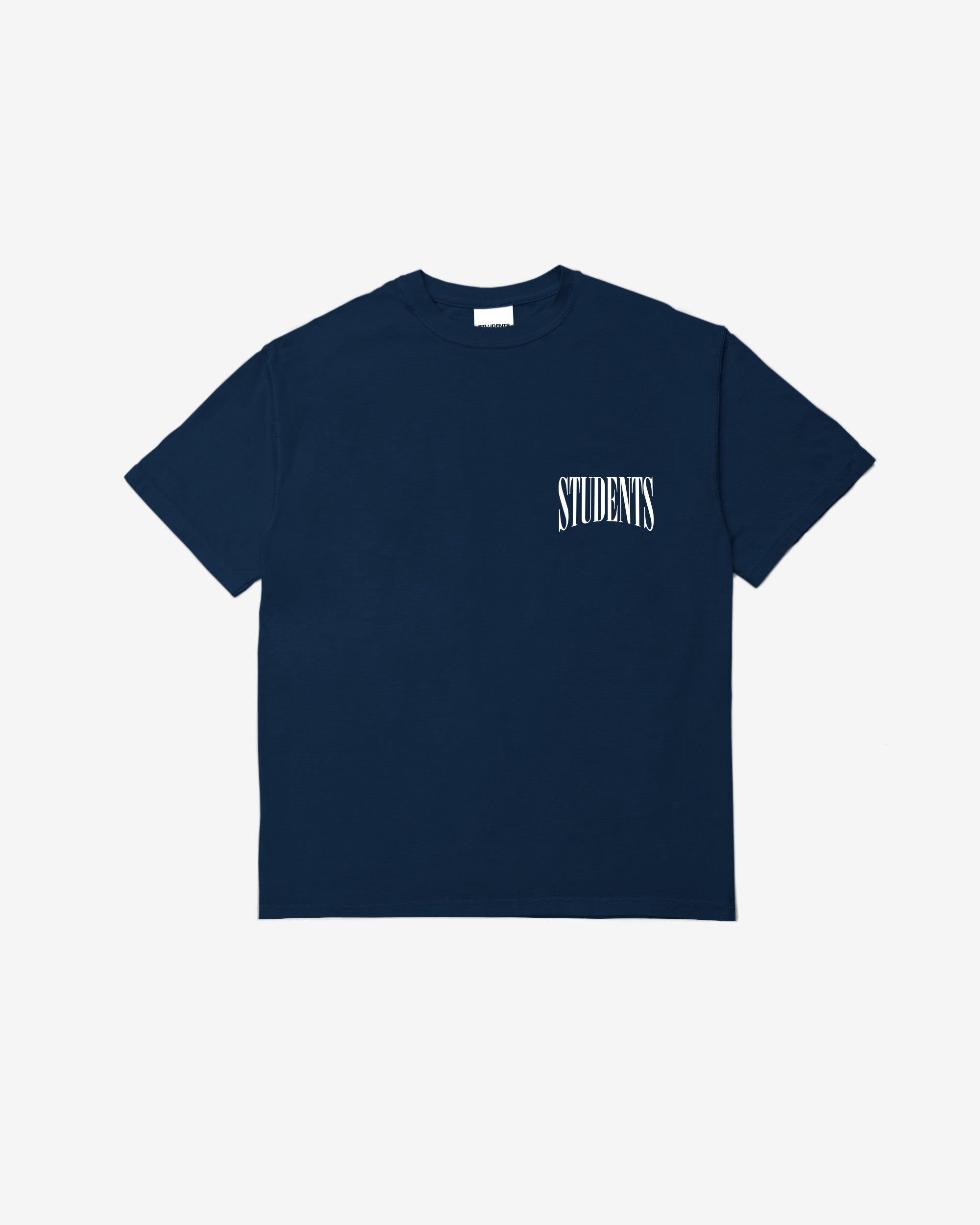 Navy t-shirt with a logo on a white background