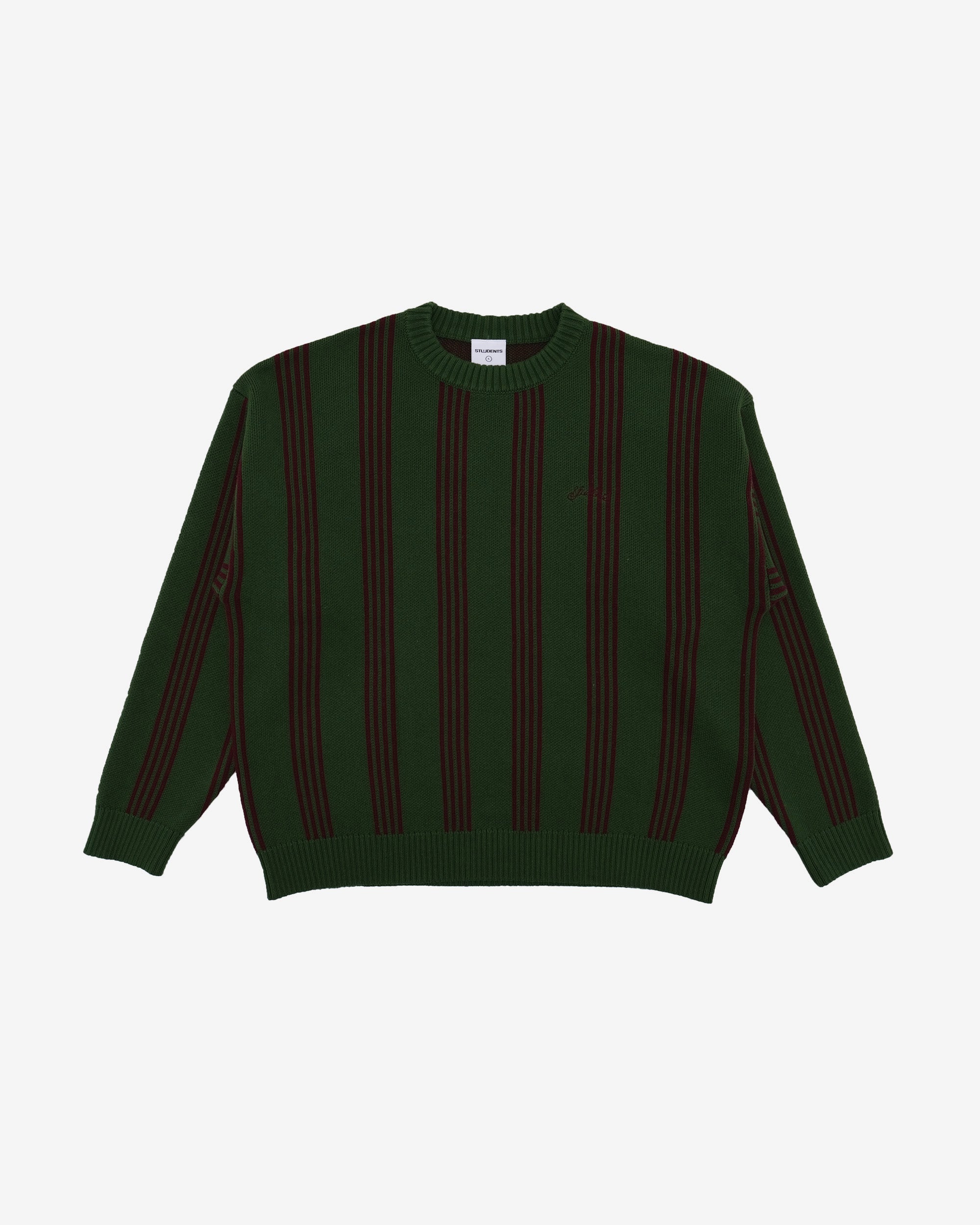 Green sweater with black stripes on a white background