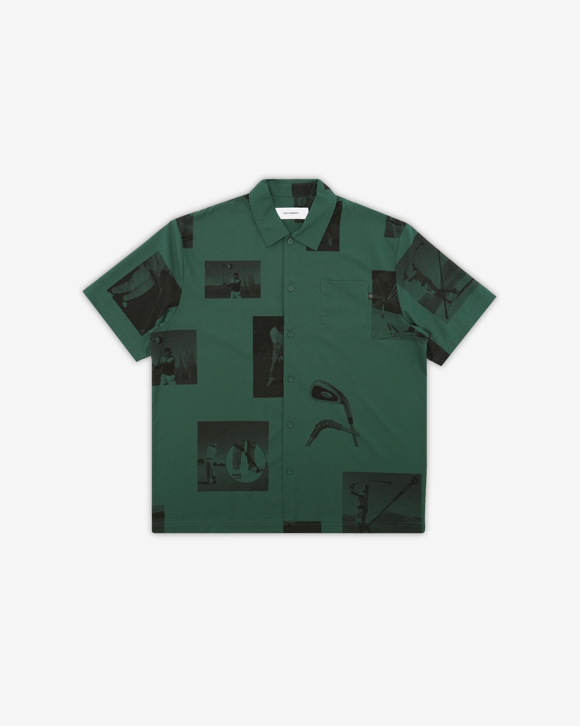 Green shirt with black abstract patterns on a white background
