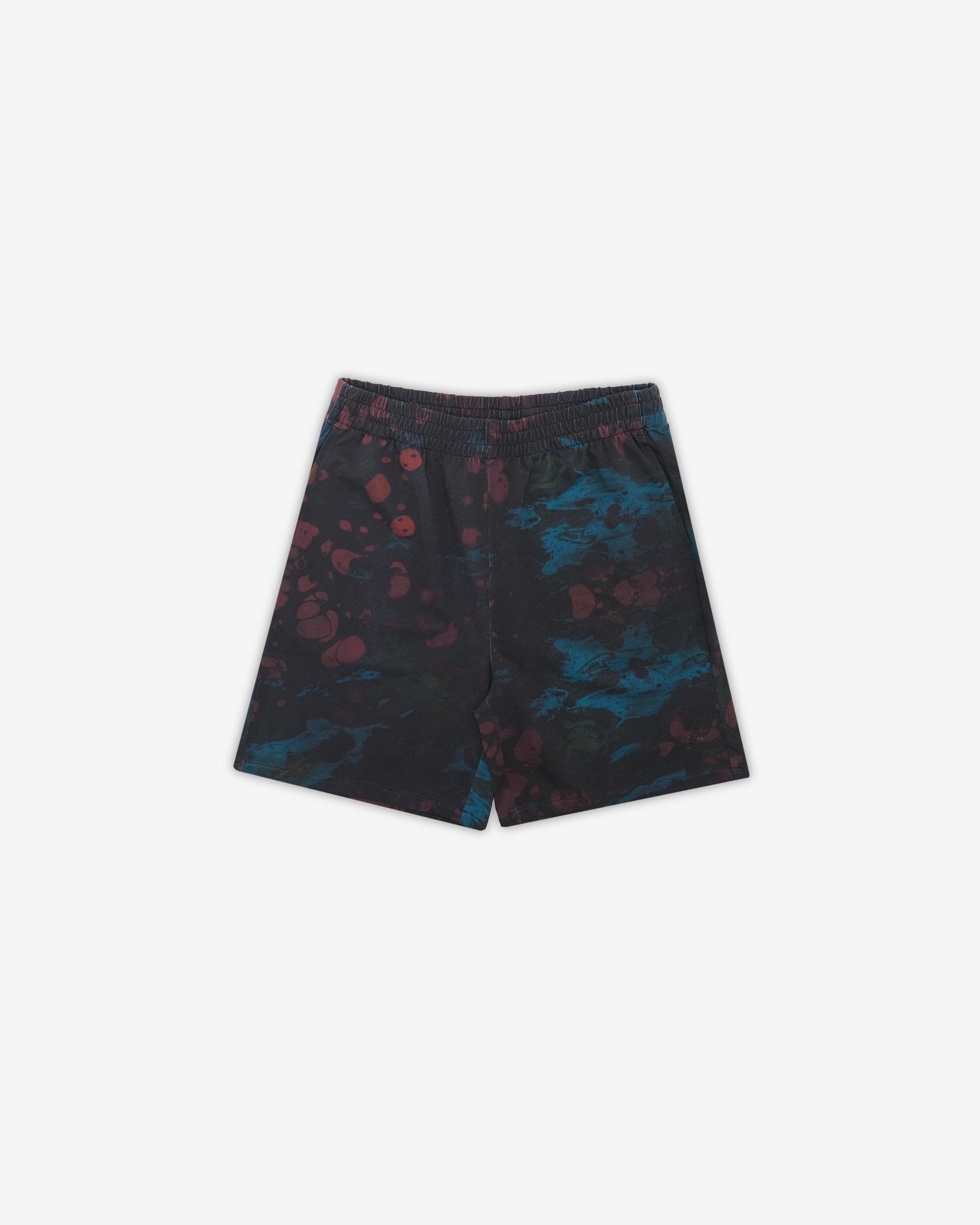 Black shorts with blue and red abstract pattern on a white background
