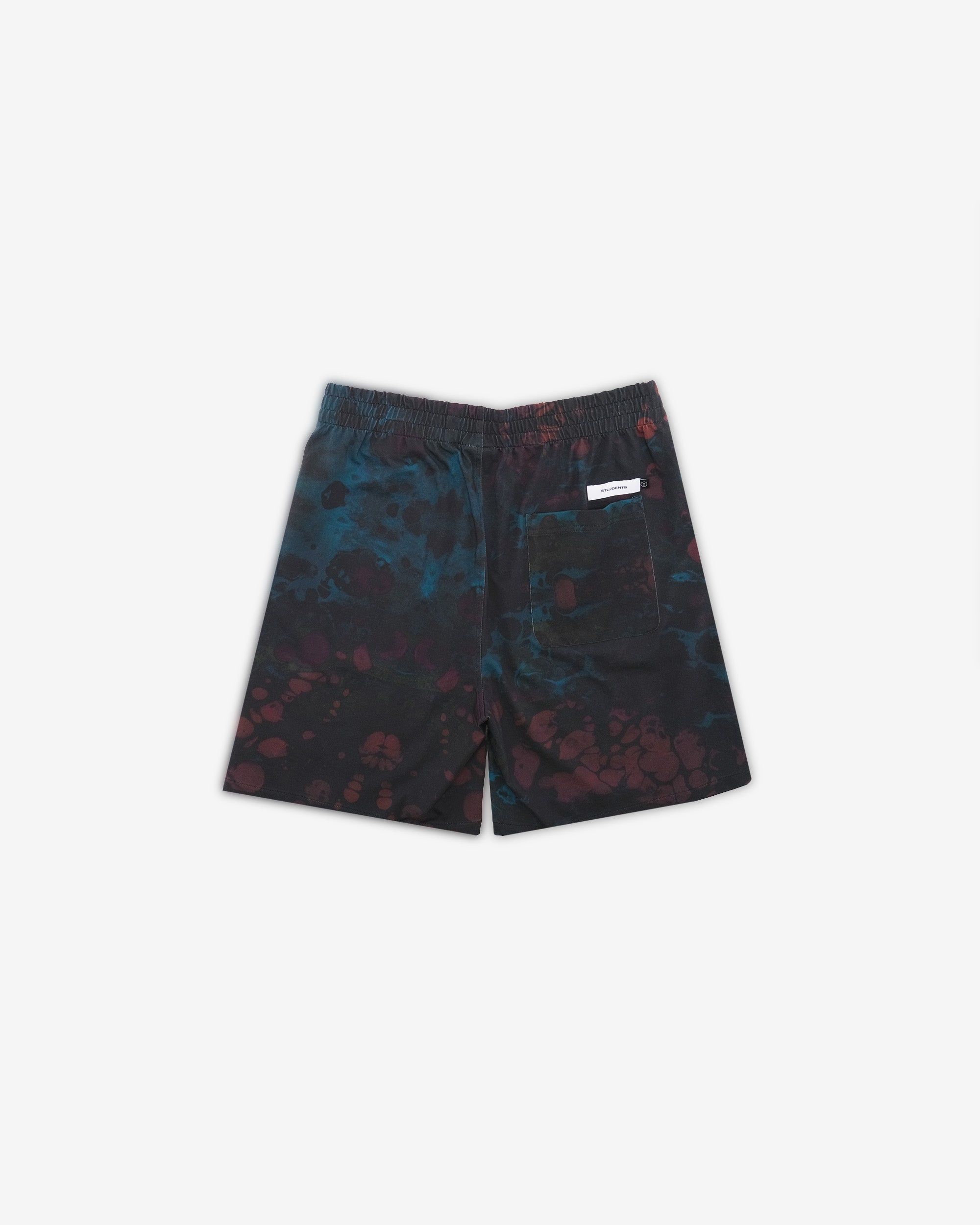 Black shorts with blue and red pattern on a white background