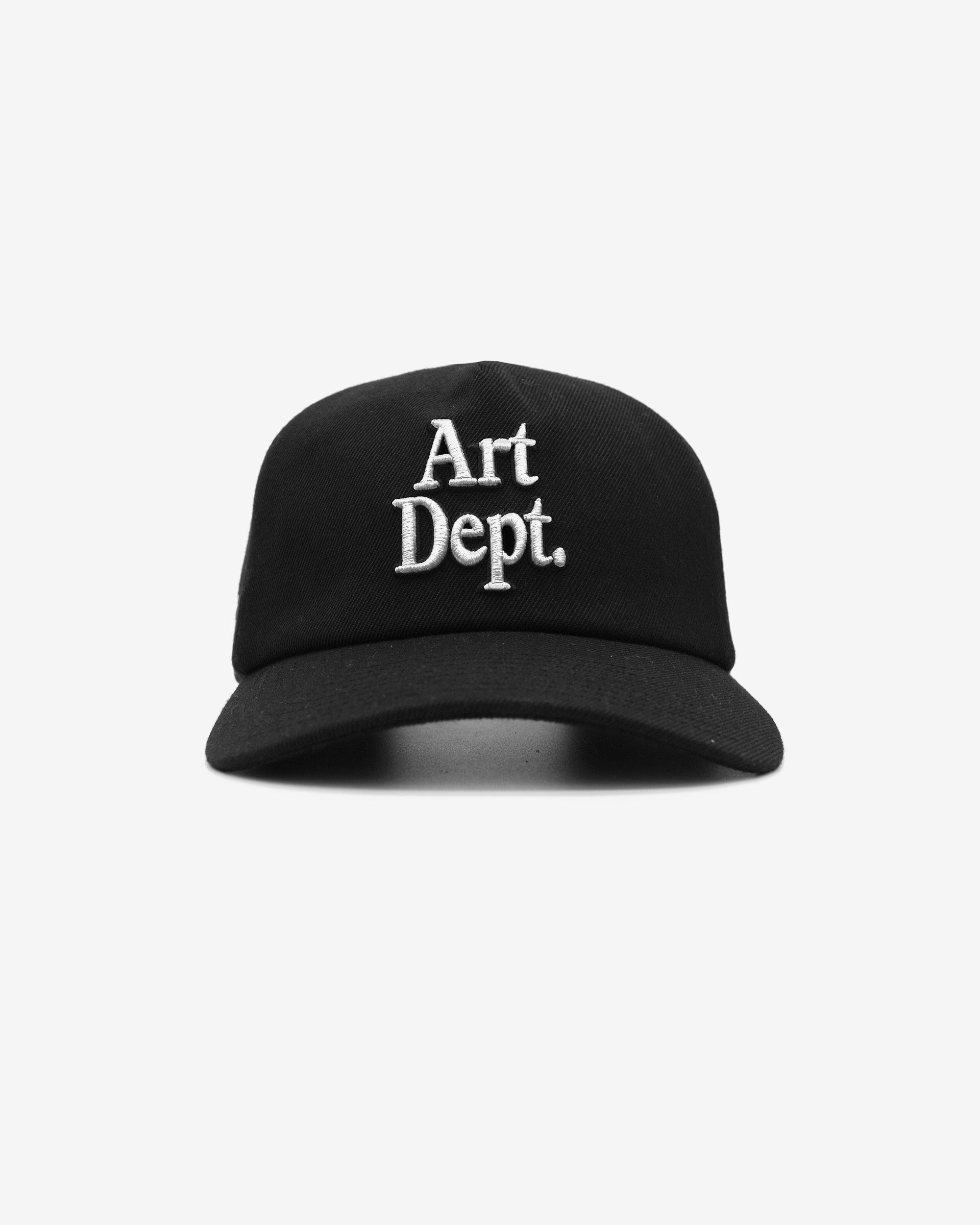 Black cap with 'Art Dept.' text on a white background