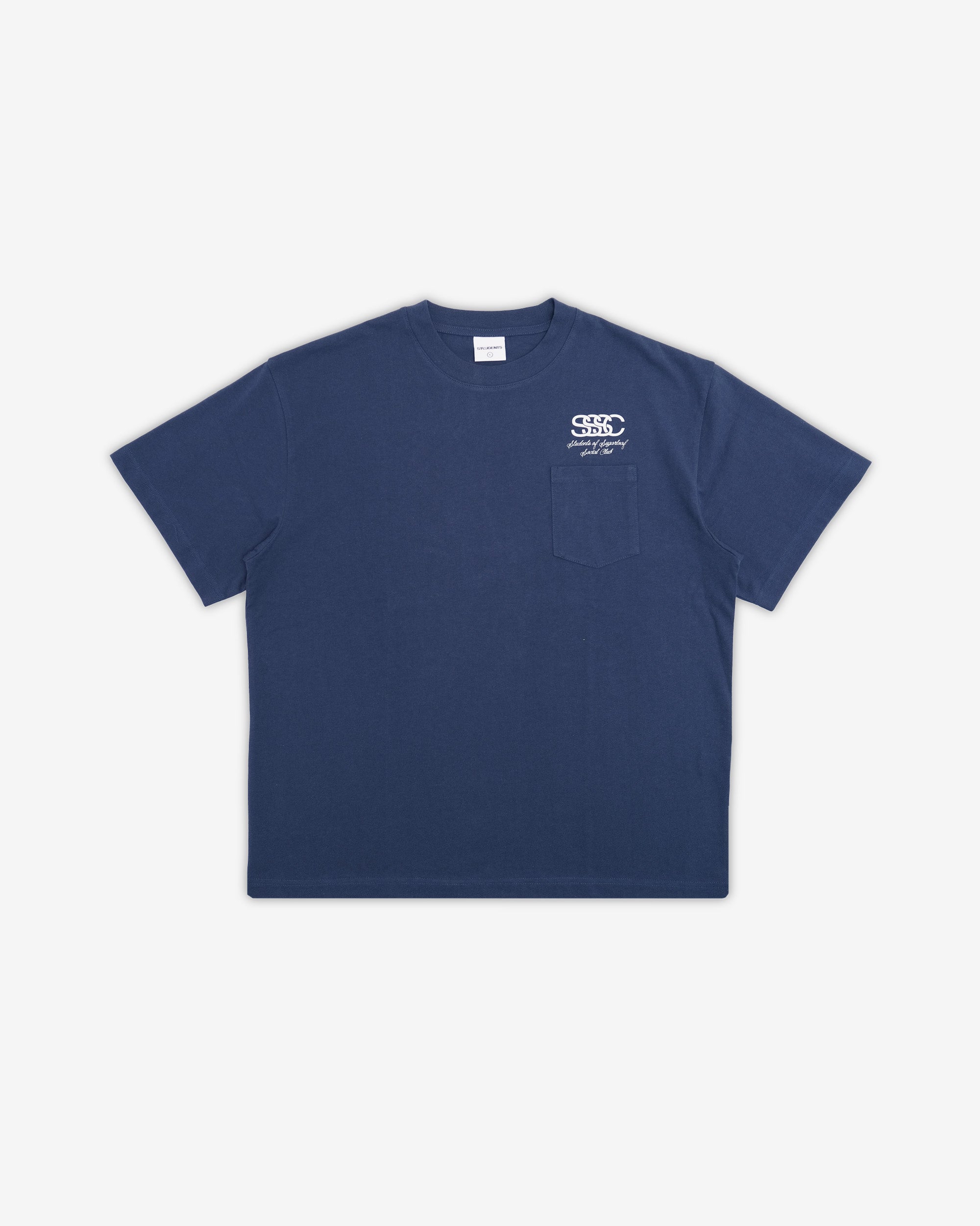 Navy blue t-shirt with a logo on a white background