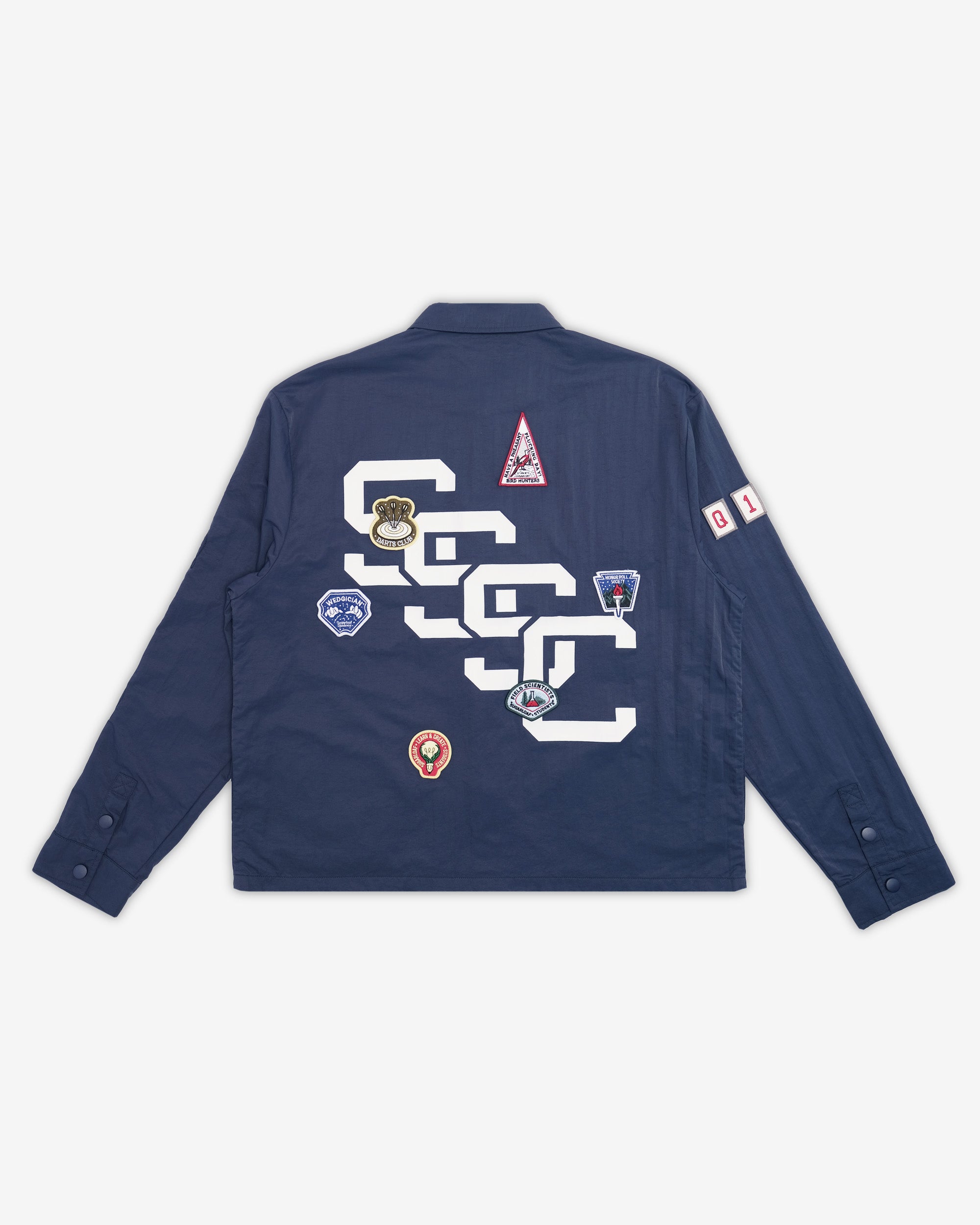 Navy blue jacket with white text and logos on the back against a white background