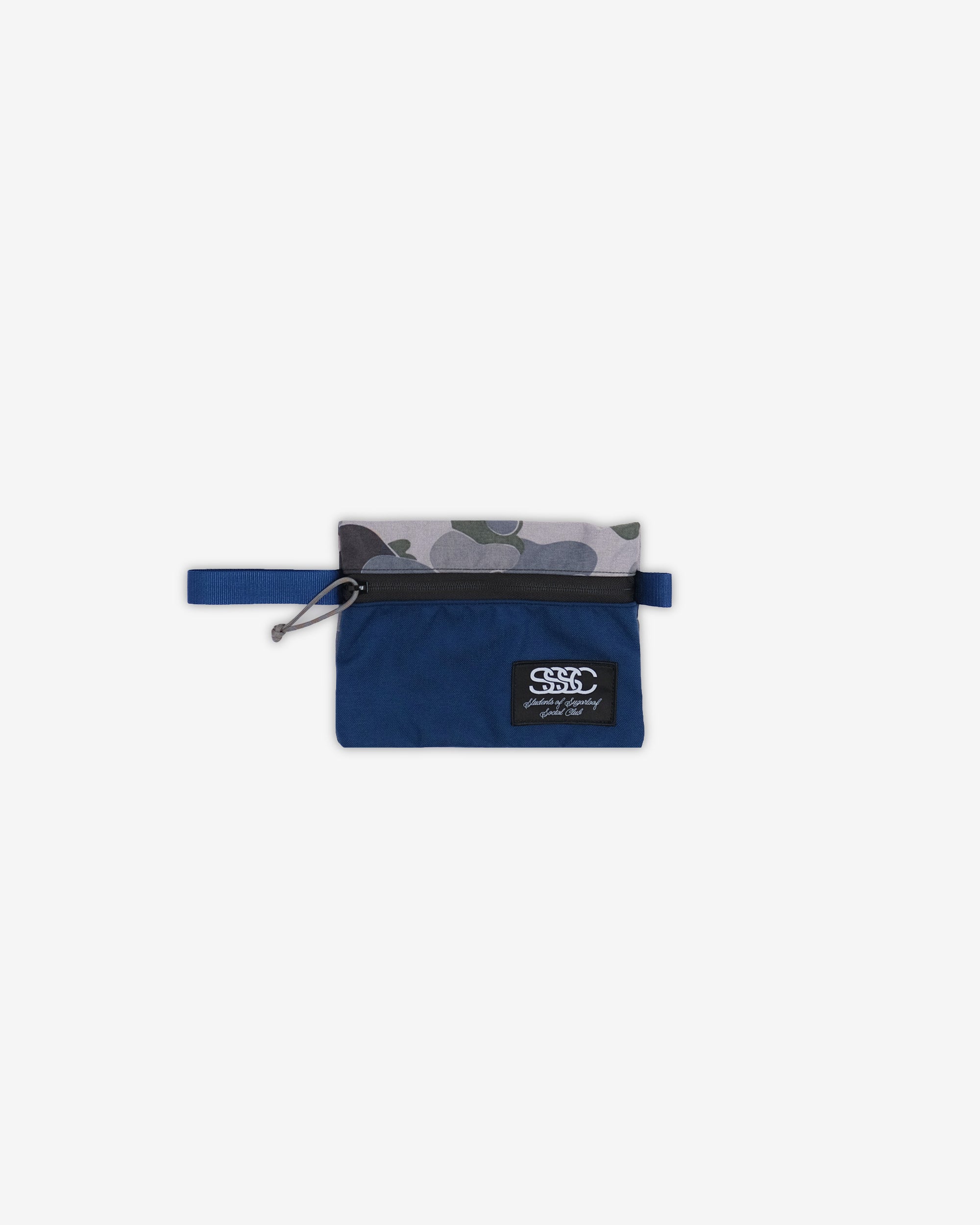 Blue pouch with camouflage pattern on a white background