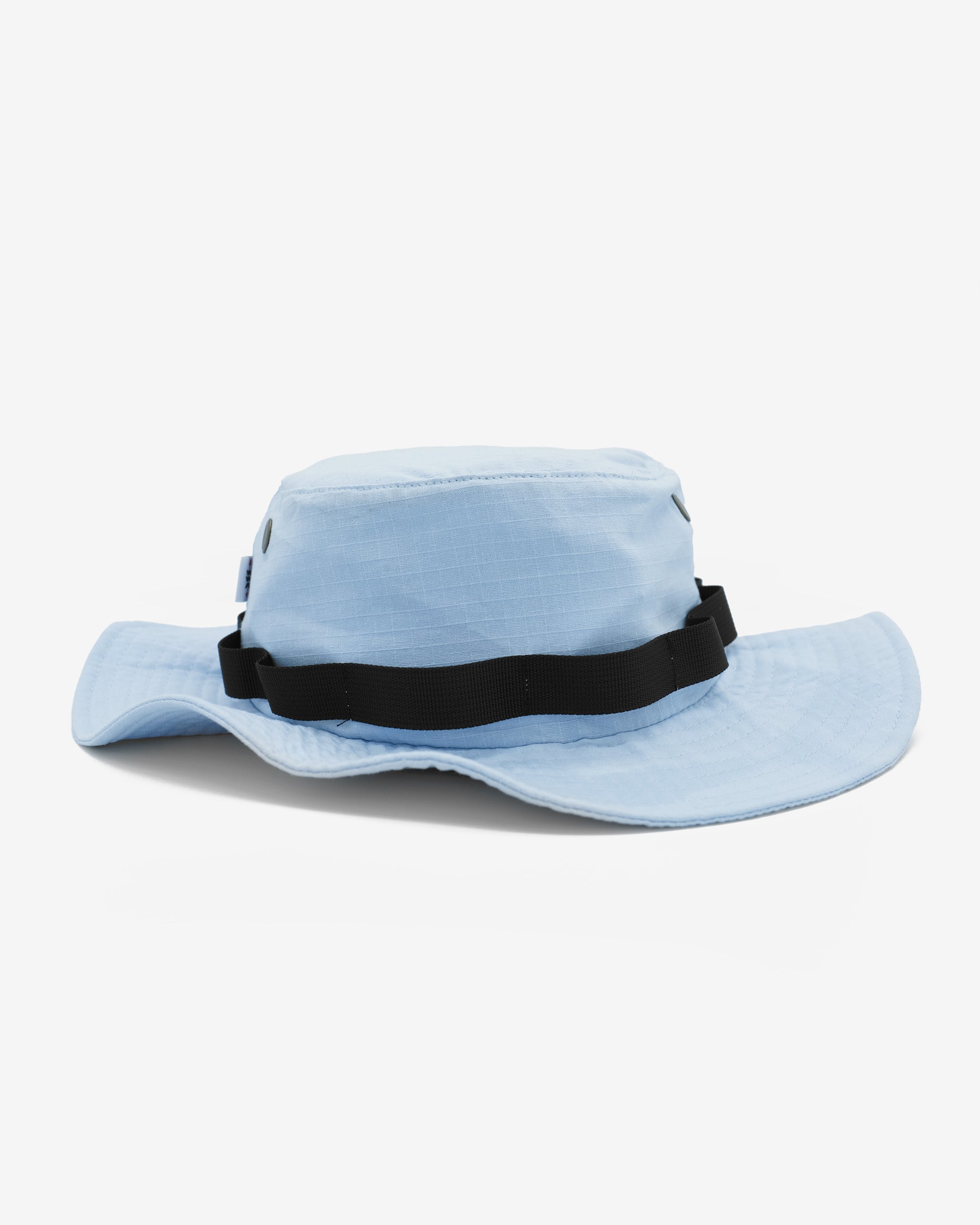 Light blue wide-brimmed hat with a black band on a white background