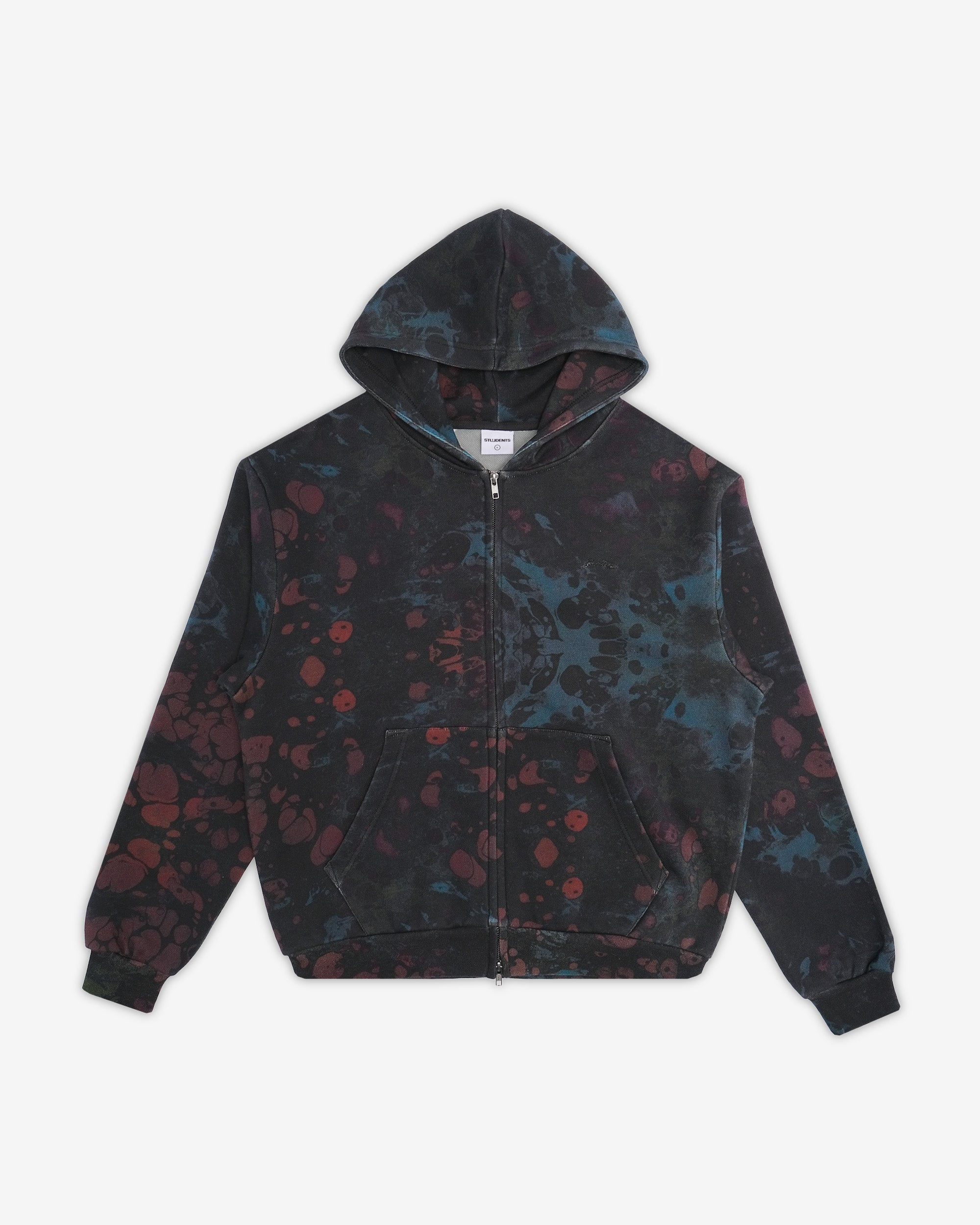 Black hoodie with red and blue abstract pattern on a white background