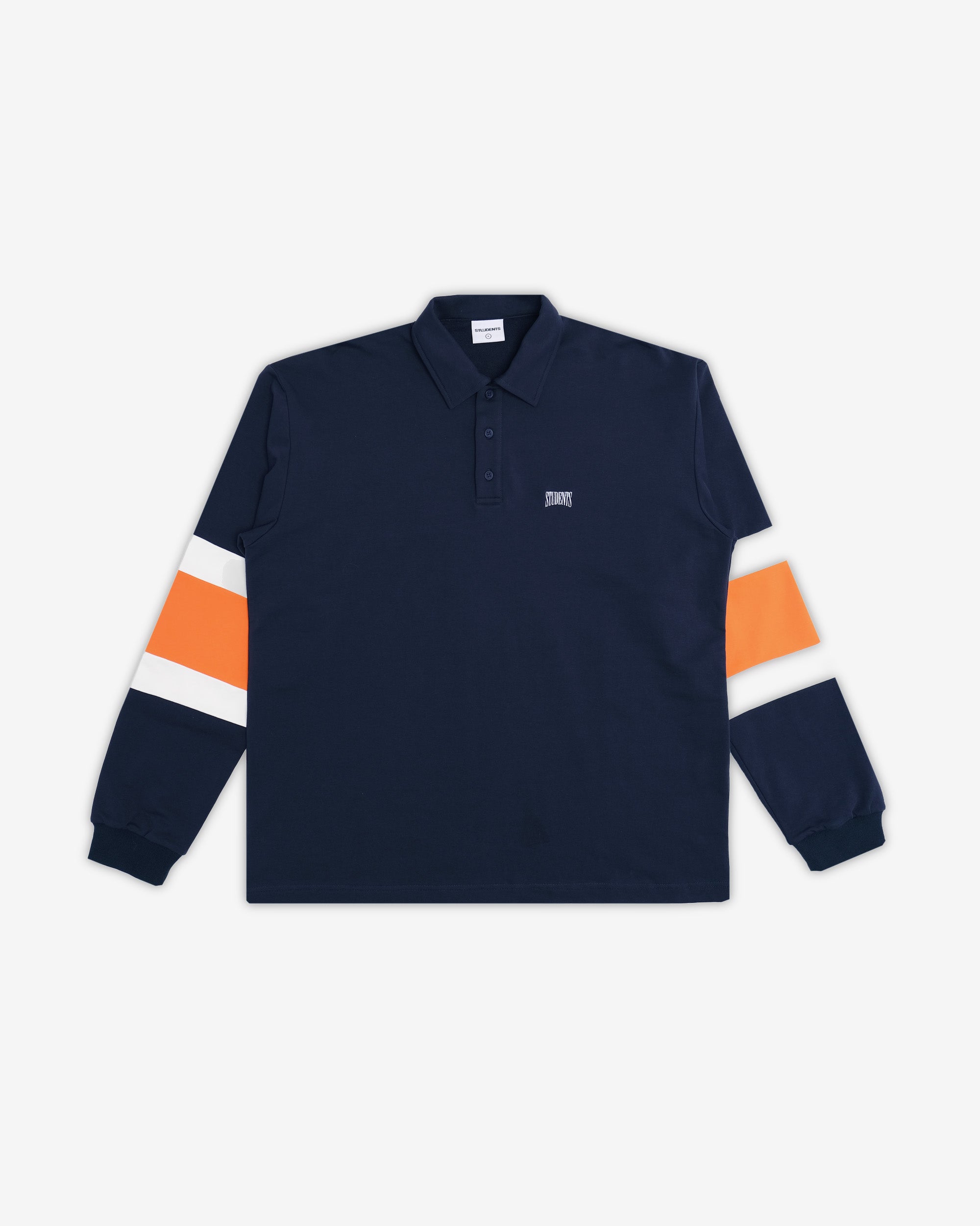 Navy blue polo shirt with orange and white sleeves on a white background