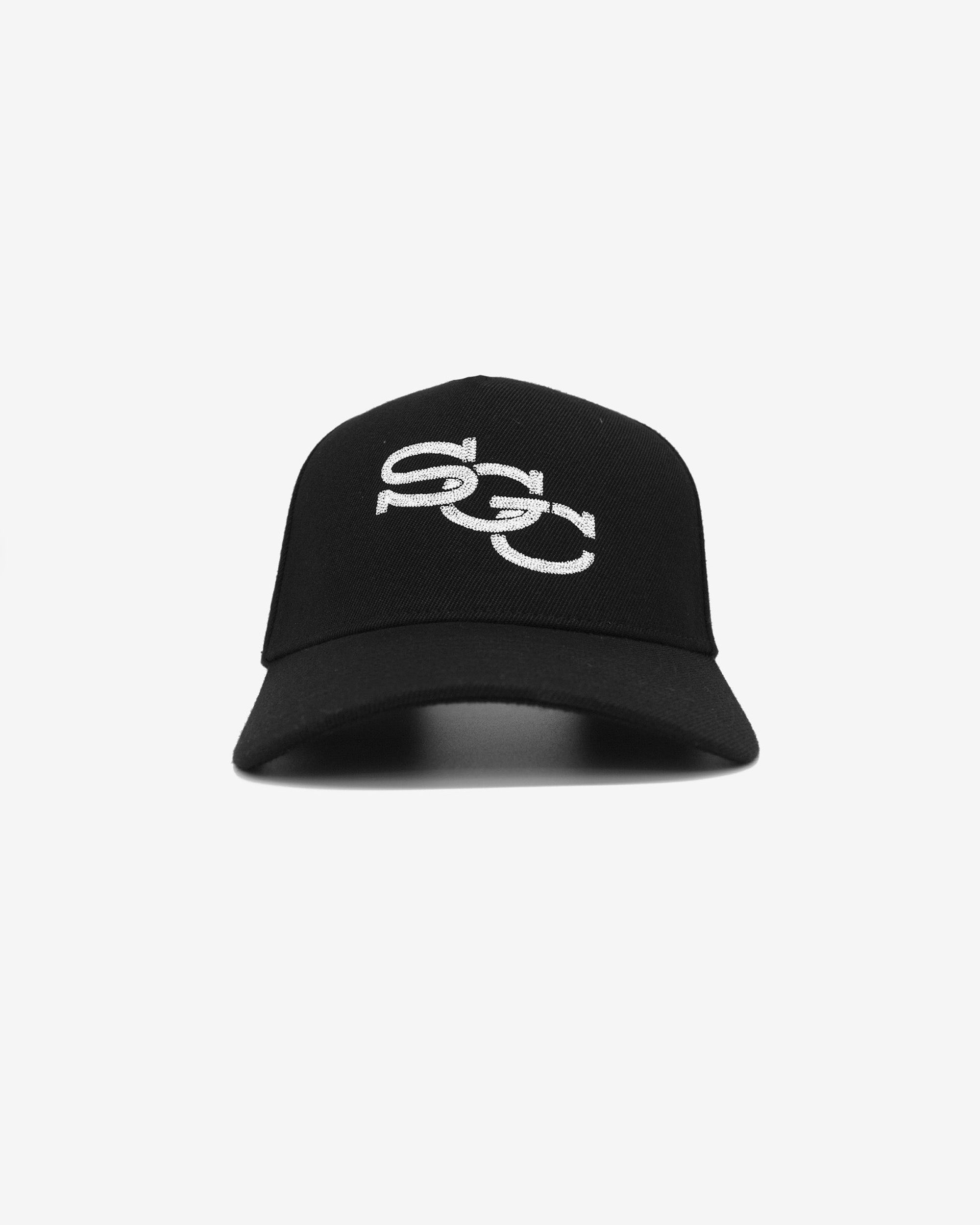 Black cap with white logo on a white background