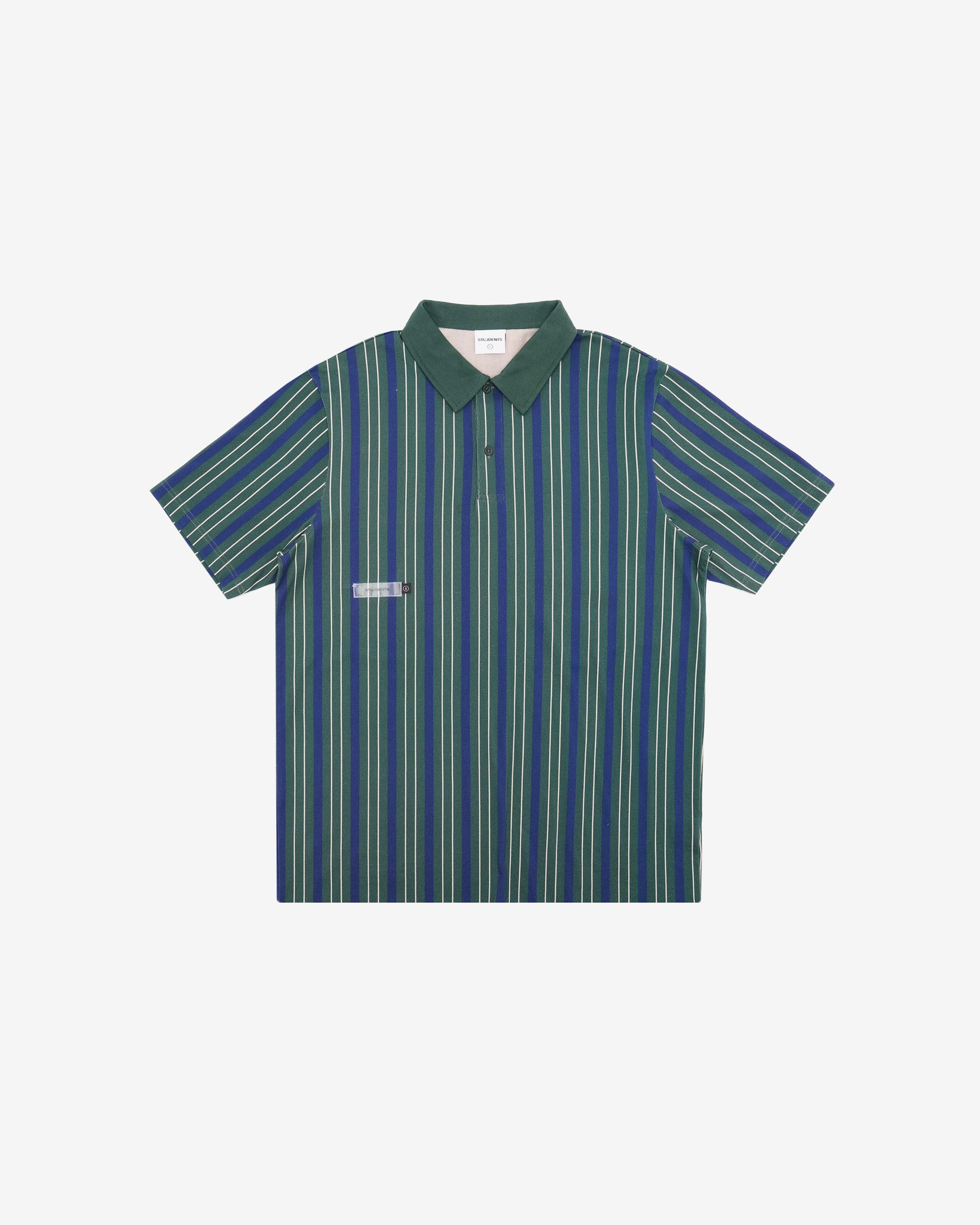 Green and blue striped polo shirt on a white background