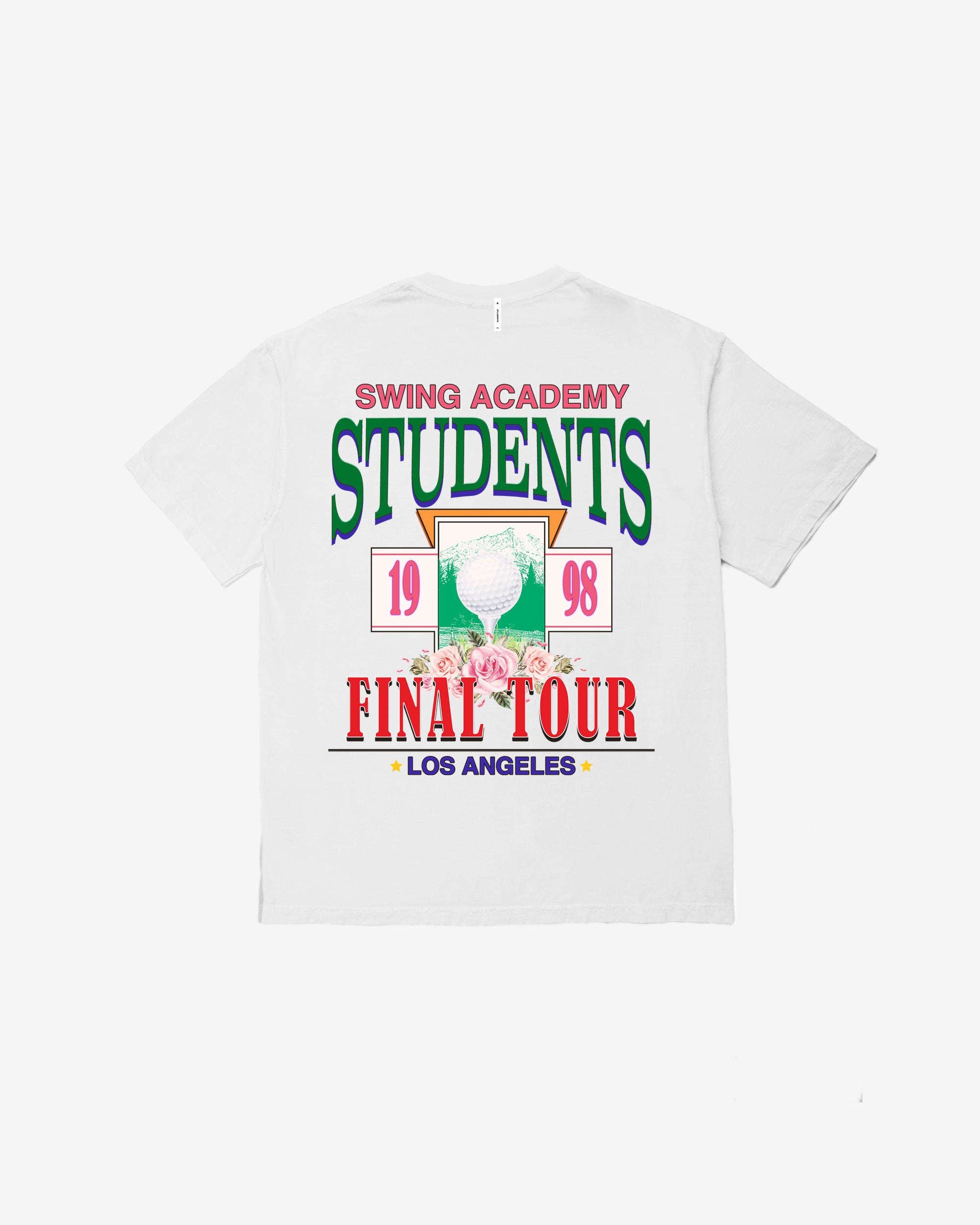 White t-shirt with colorful text and graphics on a white background