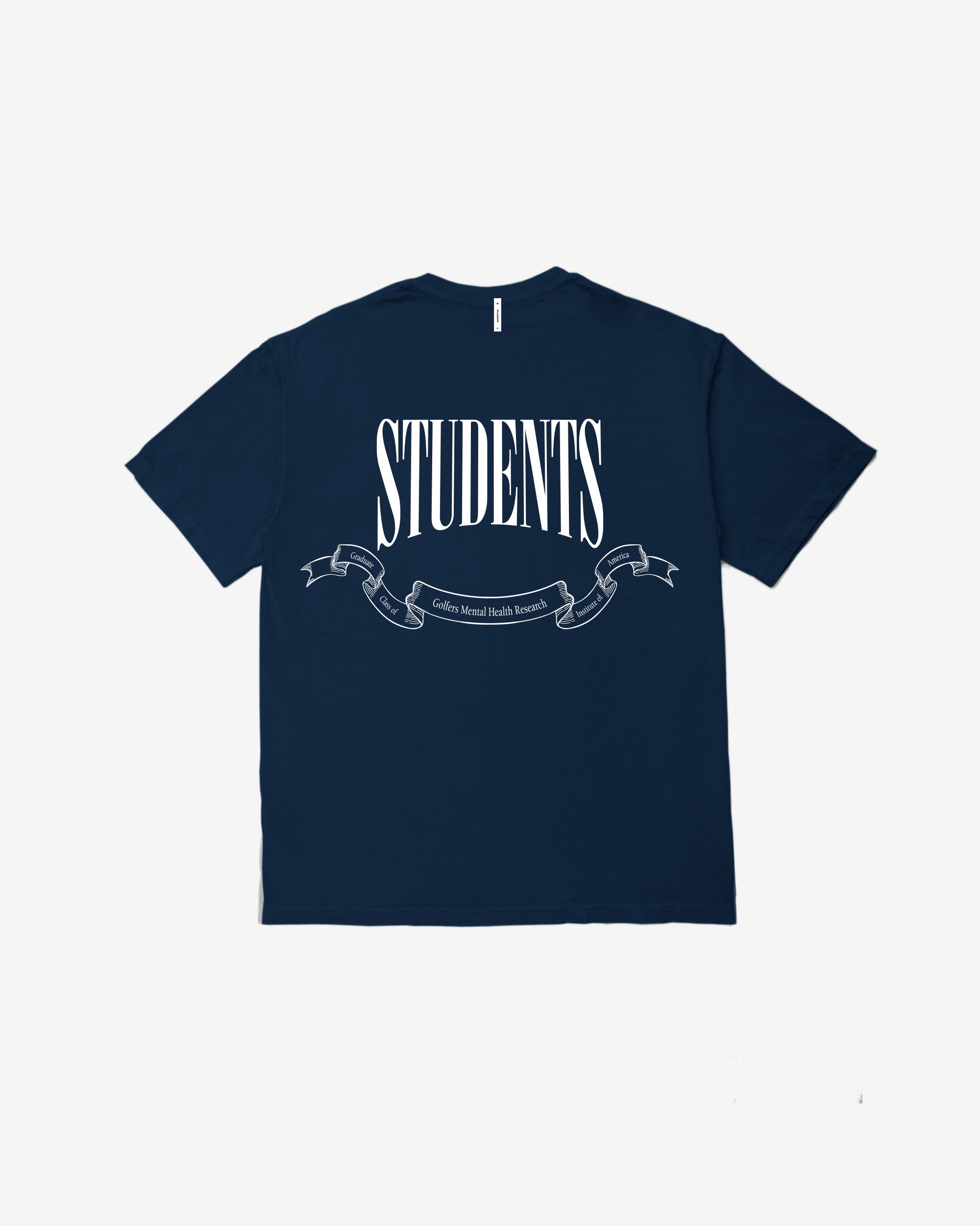 Navy t-shirt with 'STUDENTS' text on a white background